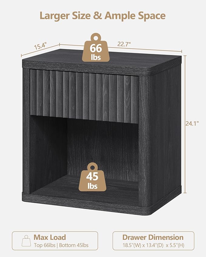 SICOTAS Night Stand Nightstand with Drawer Storage Fluted Bed Side Table End Table Large Modern Wide Bedside Mid Century Night Stands for Bedroom Living Room Sofa Couch Home Office, Dark Grey Alder