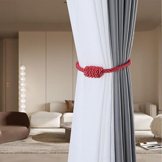 Fenghuangwu 4Pack Magnetic Curtain Tiebacks – Bohemian Style Handmade Woven Tie-Backs for Drapes,Elegant Exquisite Knot Holdbacks,Outdoor Boho & Modern Home Decor -Red