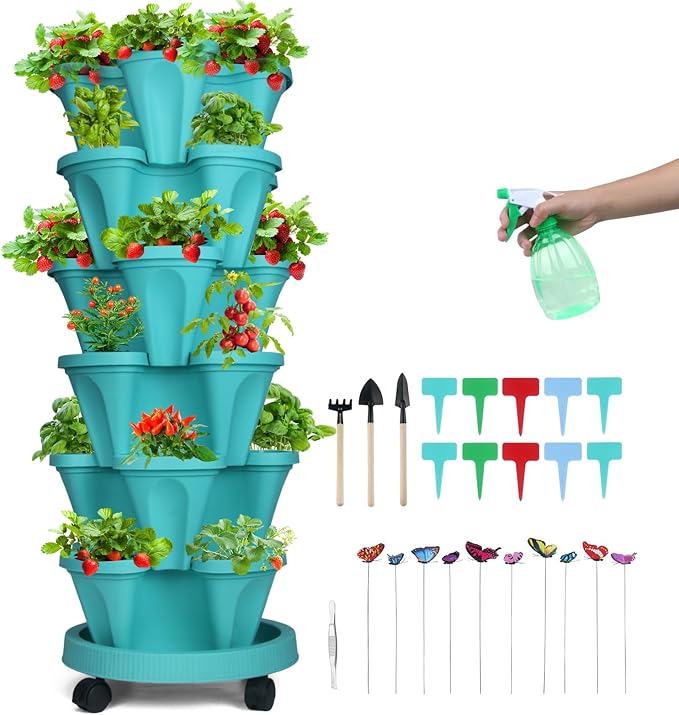 Vertical Planter, 6 Tier Stackable Strawberry Planter with Garden Tool Set, Movable Indoor/Outdoor Garden Herb Pot for Growing Vegetables and Succulents, Teal