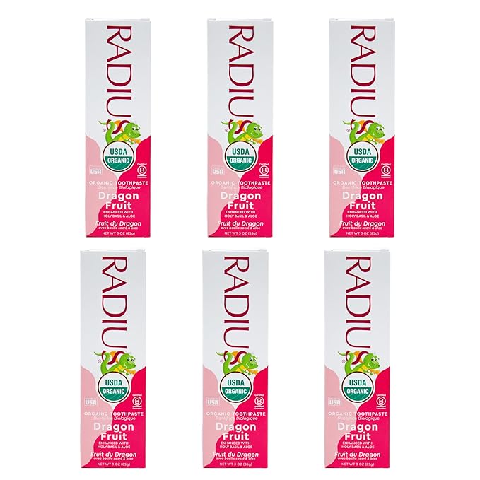 RADIUS USDA Organic Kids Toothpaste 3oz Non Toxic Chemical-Free Gluten-Free Designed to Improve Gum Health for Children's 6 Months and Up - Dragon Fruit - Pack of 6