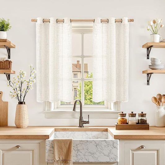 LAMIT Short Sheer Linen Curtains 40 inches Long, Bronze Grommet Linen Drapes Light Filtering Semi Sheer Curtains for Small Window/Kitchen/Farmhouse, 2 Panels (34 x 40 Inch, Cream)