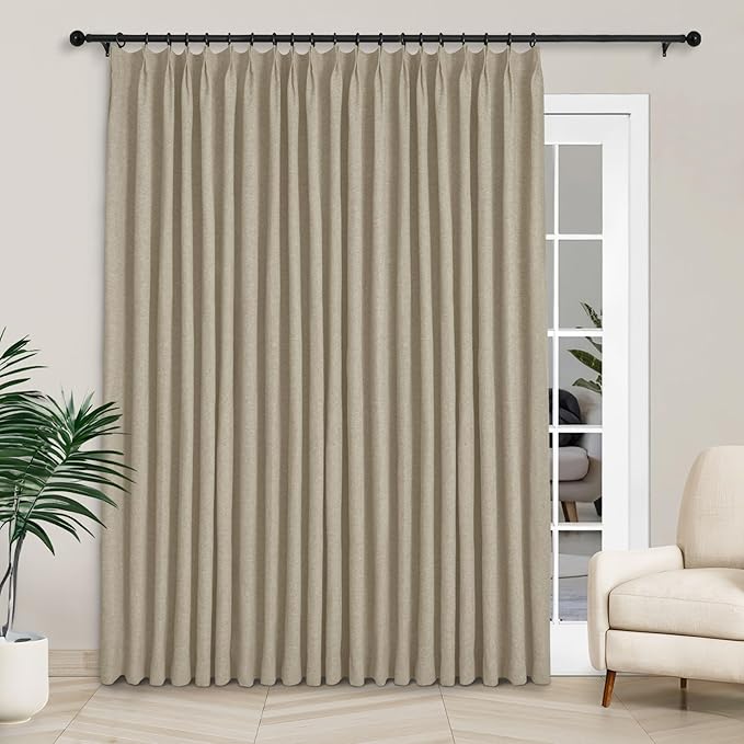 Macochico Extra Wide Full Blackout Linen Curtains for Sliding Door Light Khaki Pinch Pleated Linen Curtains 96 Inches Long for Bedroom Living Room Farmhouse with Tieback 120”Wx96”L 1 Panel