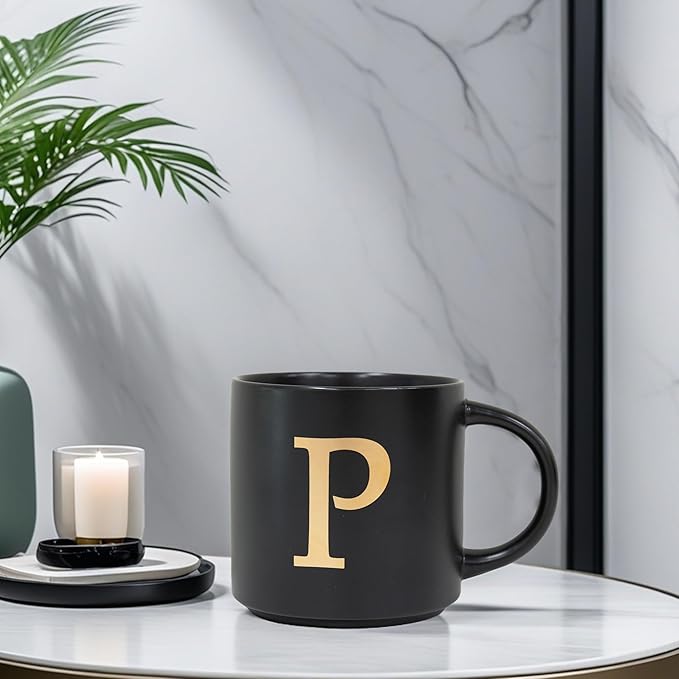 COLLECTIVE HOME - Monogram Ceramic Mugs, 15 oz Golden Initial Black Coffee Cups, Elegant Alphabet Tea Mugs, Elegant Personalized Mug with Gift Box, Unique Mug with Double Side Capital Lette (P)