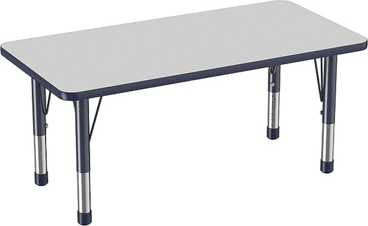 FDP Rectangle Activity School and Kids Classroom Table (24 x 48 inch), Toddler Legs, Adjustable Height 15-24 inches - Gray Top and Navy Edge