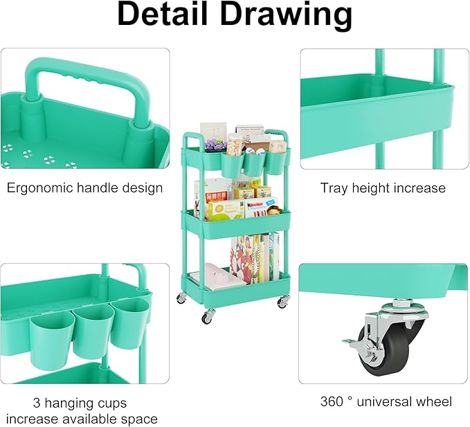 UDEAR 3-Tier Rolling Utility Cart,Multifunctional Storage Shelves with Handle and Lockable Wheels for Room,Office,Kitchen,Bathroom,with 3 Hanging Cups,Green