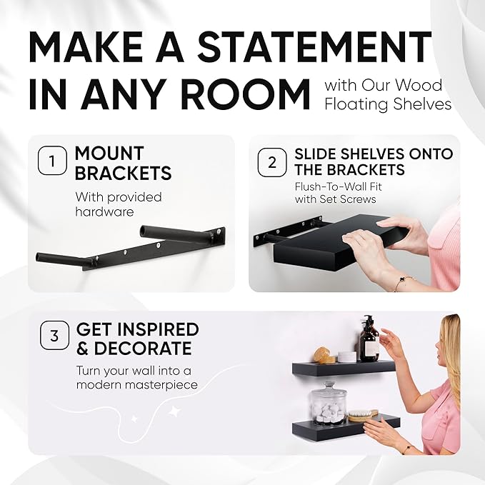 Homeforia Black Floating Shelves 24 inch, High End Solid Real Wood 24inch Bathroom Floating Shelf for Wall Mounted, Black Wooden 24in Floating Shelves, Heavy Duty Bracket, 24 X 6.5 X 1.75 in, Set of 2