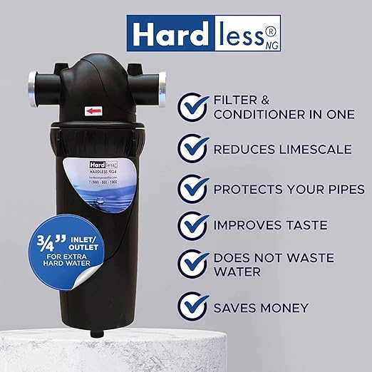 Hardless NG4L Whole House Water Filter- Salt-Free Softening Device - Reduces Limescale, Sediment & More - Compact, Easy to Install- Comes w/ 3/4" Inlet/Outlet - Filtration System for Extra Hard Water