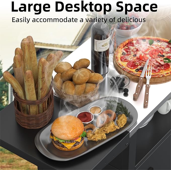 Outdoor Grill Cart with Wheels, Outdoor Kitchen Bar Cart Mobile BBQ with Foldable Stainless Steel Top & Storage Cabinet