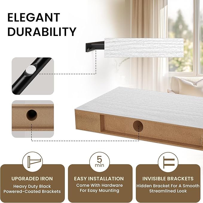 Floating Shelves for Wall,40" W x 8" D x 1.5" H, Wooden Wall Mounted Display Shelves with Invisible Brackets for Living Room, Bedroom, Bathroom, Kitchen Decor and Storage, Set of 2, White