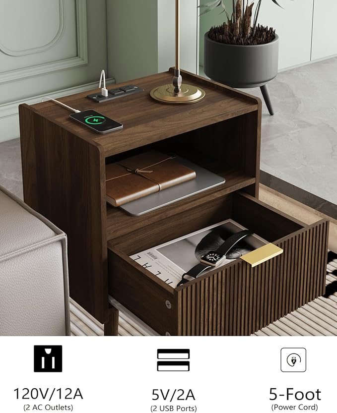 Nightstand,Modern Bedside Table with Storage Drawer and Open Wood Shelf, Accent Night Stand with Solid Wood Legs for Living Room, Bedroom and Small Spaces,Easy Assembly (Walnut Brown-Outlet)