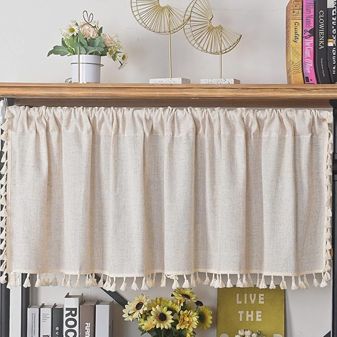 Sutuo Home Boho Sheer Curtain Valance Tier Cotton Linen with Bohemian Handmade Tassels, Short French Farmhouse Window Treatment for Kitchen Cafe, Rod Pocket, 1 Panel 59" W x 24" L, Natural Textured