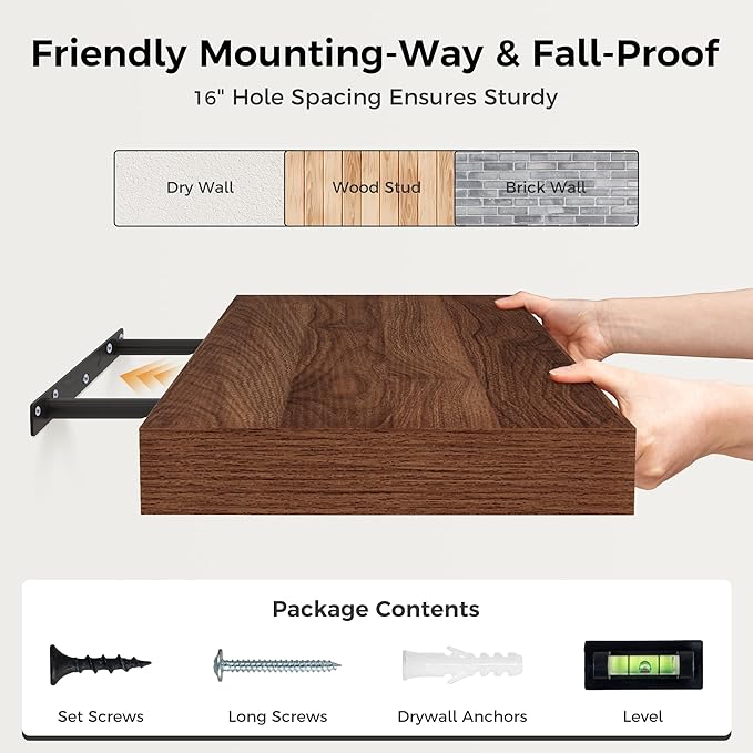 12 Inch Deep Floating Shelves, 24 x 12 Floating Shelf for Books, Rustic Wood Deep Wall Shelves for Home Storage & Display, 2" Thicked Shelves for Kitchen, Living Room, Bedroom, Walnut Color, 1 Pack