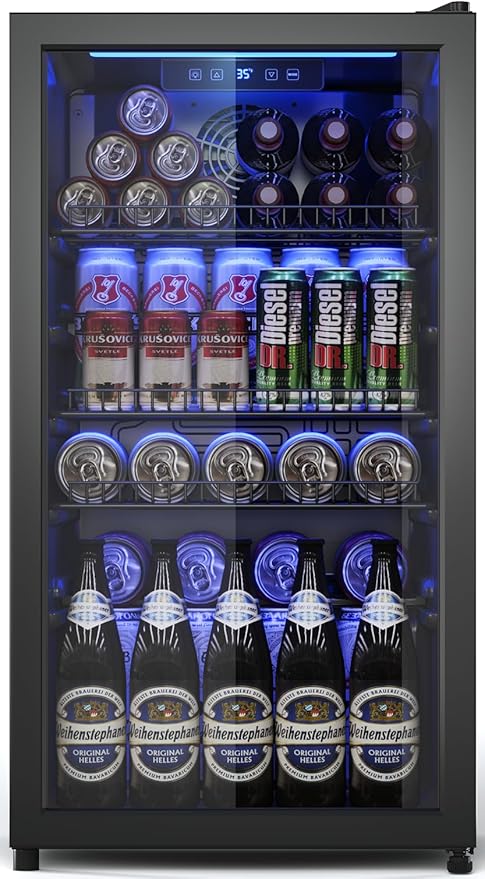 Beverage Fridge, 130 Can Mini Fridge With Glass Door, Beverage Cooler Refrigerator, Wine Drink Beer Cooler, Adjustable Shelves & Digital Temperature Display