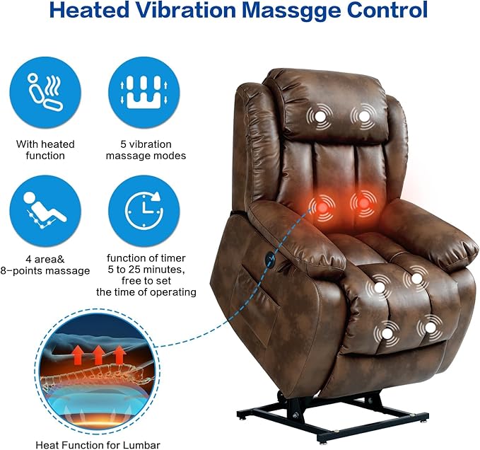 MAEVIS Power Recliner Chair, Lay Flat Sleeping Lift Chairs Recliner for Elderly with Heat and Massage,Comfy Real Breathable Leather Recliners with Dual OKIN Motor for Living Room (Ochre)