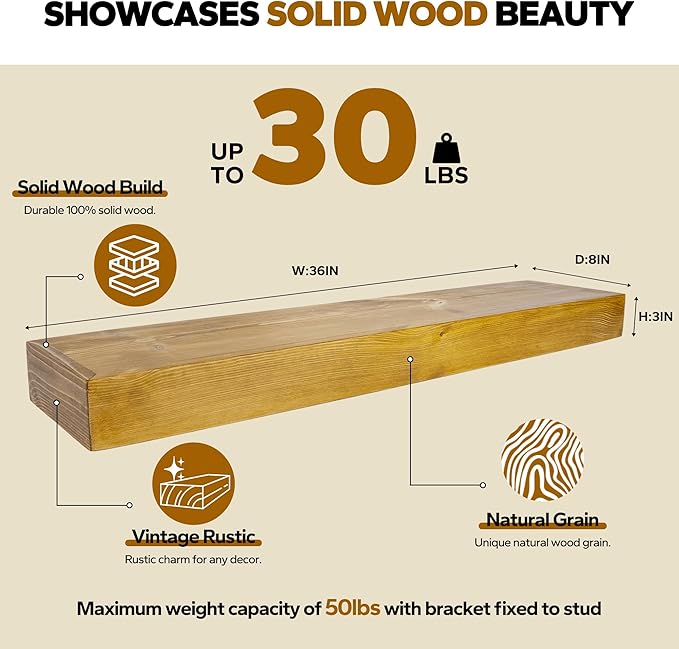 Floating Shelves 3 inch Thick for Wall Set of 2,Solid Pine Wood Wall Mount Shelf for Kitchen Living Room Bedroom Bathroom,8" D x 36" L x 3" H-Gold Oak