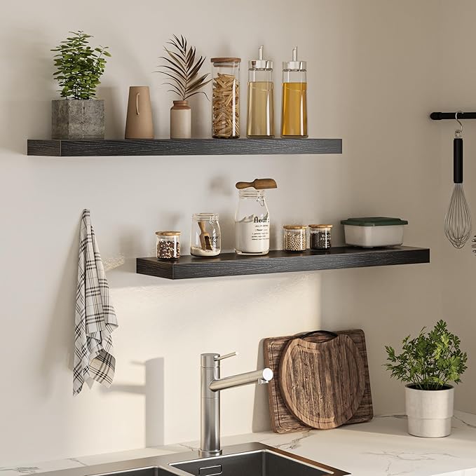 Floating Shelves for Wall, 40" W x 8" D x 1.5" H, Wooden Wall Mounted Display Shelves with Invisible Brackets for Living Room, Bedroom, Bathroom, Kitchen Decor and Storage, Set of 2, Black