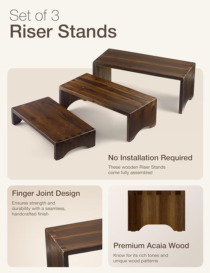 Acacia Wooden 3 Tier Cupcake Stand - Risers for Display for Food Buffet Risers and Stands – Food Stands for Display Party – Acacia Wooden Cupcake Stand - Set of 3 Size (Walnut Color)