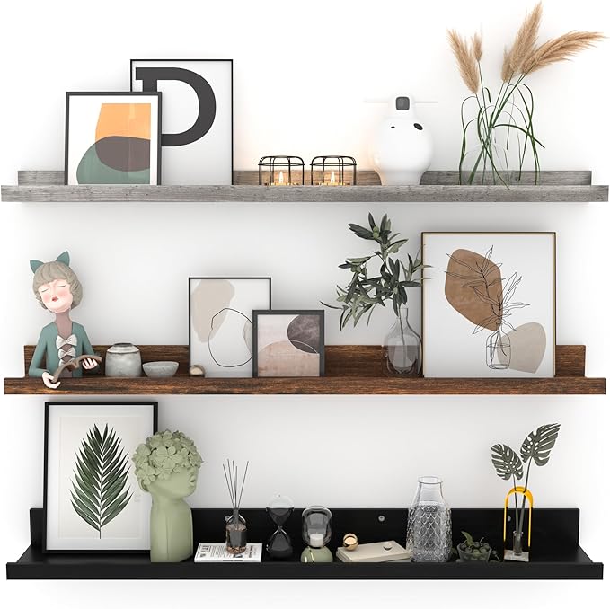 Giftgarden 36 Inch Multi Colors Floating Shelves for Wall Mount, Assorted Colors Wood Wall Shelf Ledge for Bathroom Bedroom Living Room Kitchen Storage, Set of 3 Different Sizes