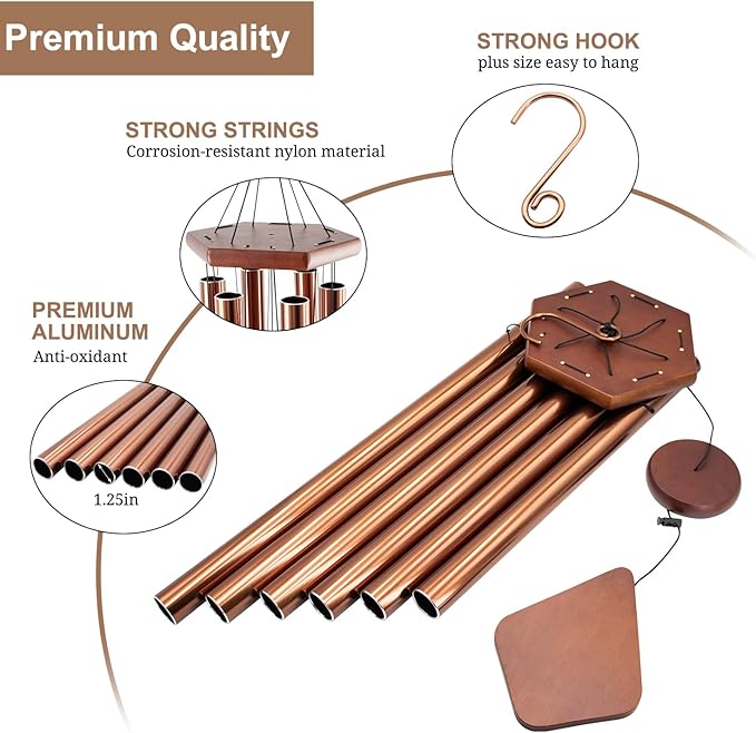 Wind Chimes Outdoor Large Deep Tone, 44 Inches Sympathy Wind Chimes Tuned Soothing Melody, Memorial Wind-Chime with 6 Heavy Tubes for Outside Decoration, Garden/Yard. Copper