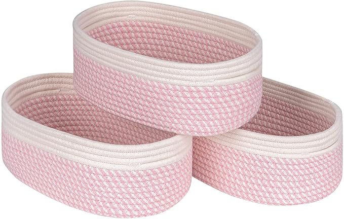 Off White&Mixed Pink Shelf Basket to Store and Organize Household Items/Baskets&Bins for Daily Storage &Organizing/Woven Rope Basket for Bedroom,Playroom/Small Oval-13x8.66x5.11’’,3 Packs
