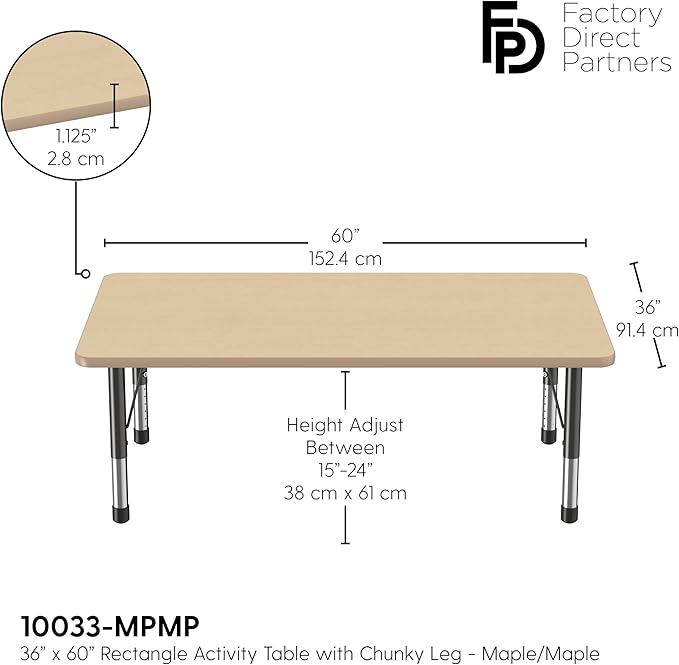 Factory Direct Partners FDP Rectangle Activity School and Classroom Kids Table (36 x 60 inch), Toddler Leg, Adjustable Height 15-24 inches - Maple Top and Maple Edge