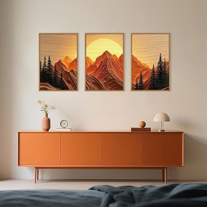 Large Mountain Framed Canvas Wall Art Set, Abstract Ridge Sun Painting, Boho Sunset Scenery Wall Decor,Modern Natural Landscape Art Print for Living Room,Bedroom,Office-16 x24 x3