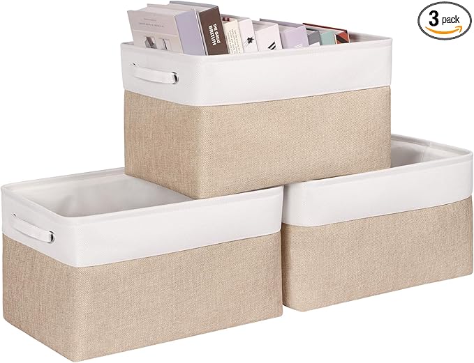 Kntiwiwo Large Fabric Foldable Storage Bin 17" x 11.8" x 9.8" Storage Baskets with Handle Large Cube Storage boxes for Closet, Shelves, Home, Set of 3, Beige