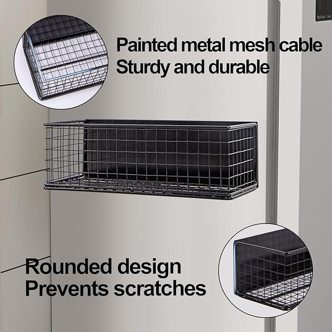 Magnetic Basket, Magnetic Shelf for Fridge, Magnetic Spice Rack Wire Mesh Magnetic organizer Holder Accessories for Office Kitchen Classroom Storage, Black-High, 9.44" x 4" x 3.14"