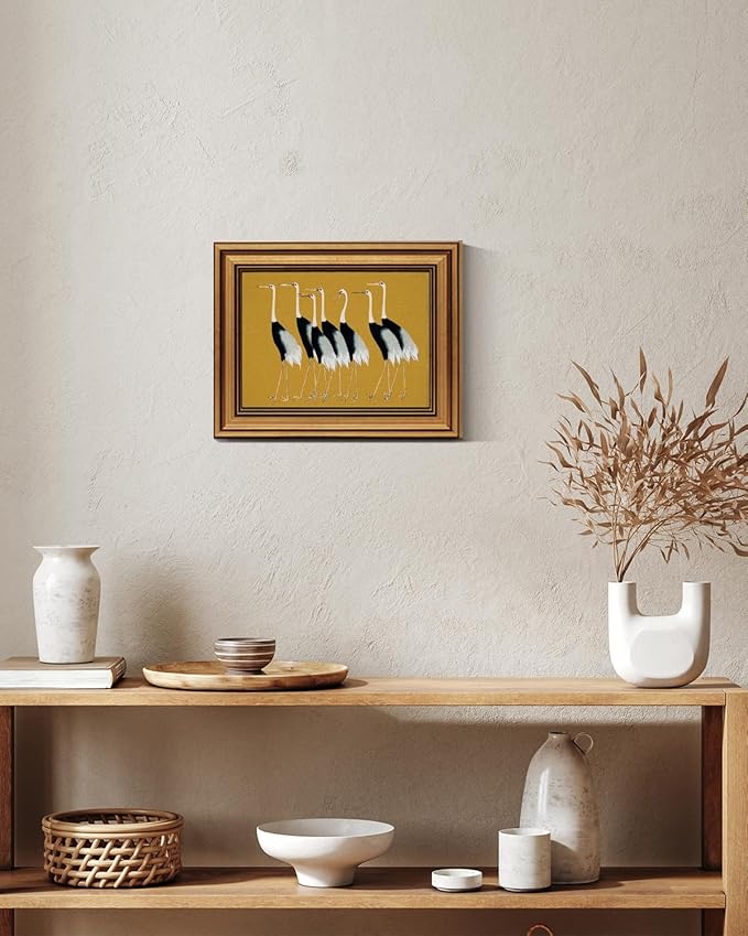 HUARCEY Gold Framed Vintage Wall Art for Living Room, Animals Painting Prints Shelf Decor for Kitchen, Aesthetic Bedroom Wall Art Decor, Christmas Gifts for Friends or Family (Seven Cranes - 8"x10")