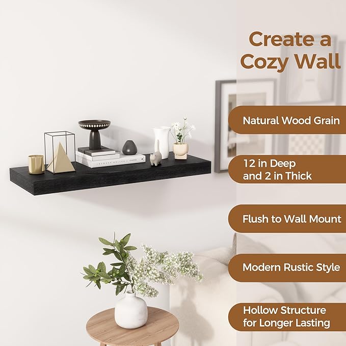 Fun Memories 30 Inch Floating Shelves Black, 12 Inch Deep Floating Shelf for Books, 30 x 12 x 2 Deep & Thicked Wall Shelves for Bathroom, Living Room, Kitchen, Set of 1