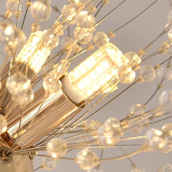 Modern Gold Chandelier Crystals, Sputnik Sunflower Beaded Hanging Lamp, Small Dandelion Pendant Light Fixtures for Kitchen Island Dining Room Bedroom Entryway (Gold 8Lights)