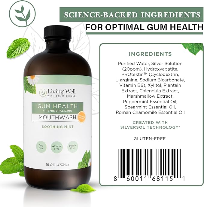 Remineralizing + Gum Health Mouthwash – Soothing Mint | Hydroxyapatite, Colloidal Silver | Alcohol-Free, Fluoride-Free, Fresh Breath Support