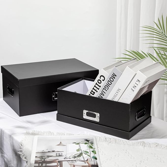 Briful Decorative Storage Boxes with Lids Set of 2 – 14'' + 13'' Set Rectangular Nesting Boxes – Cardboard Organizer with Lift-Top Lid – Black Wood for Home & Office