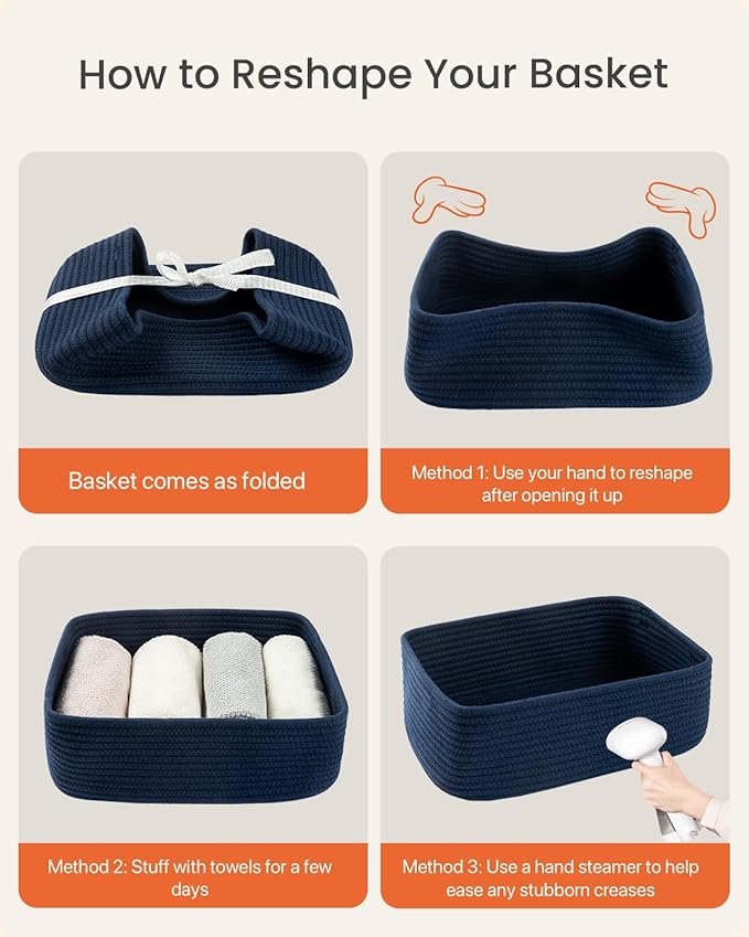 Small Woven Basket, 13.5 x 9.5 x 5 Inches, Storage Basket for Organizing, Cute Small Rope Shelf Closet Cube Storage Bins Baskets for Shelves, Dog Toy Gift Baskets Empty, 3 Packs, Navy Blue