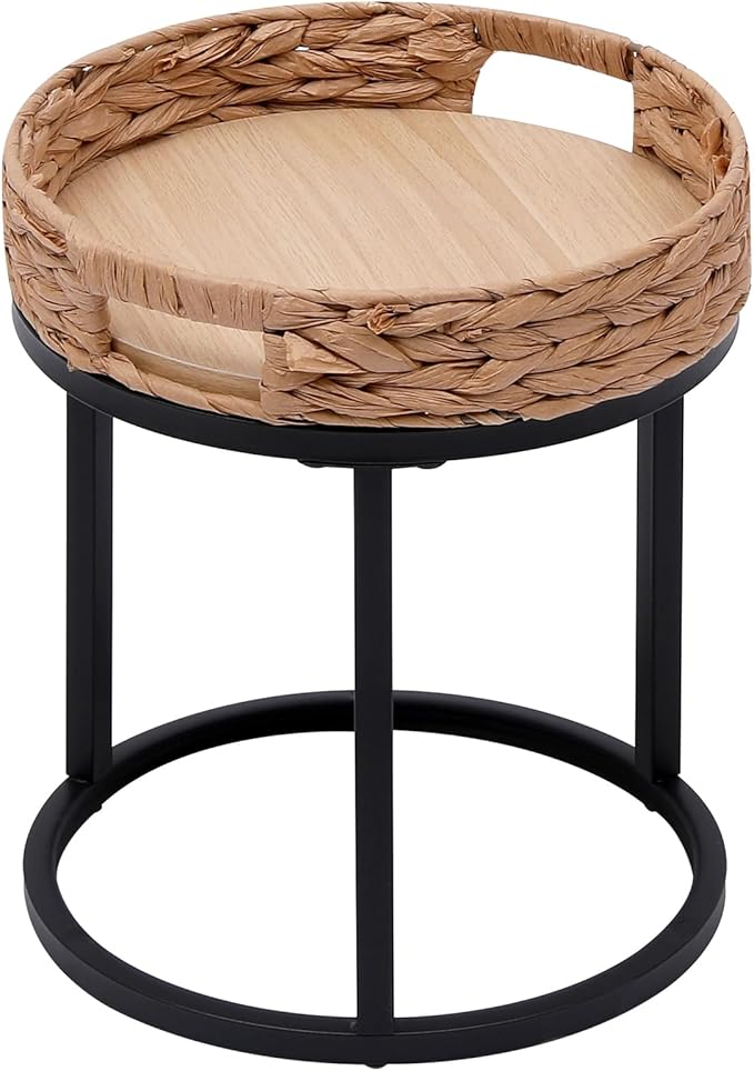 Nesting Coffee Table, Small Round Stacking Side Table with Metal Frame, Modern End Table for Living Room Bedroom Office Balcony (Rattan, 1)