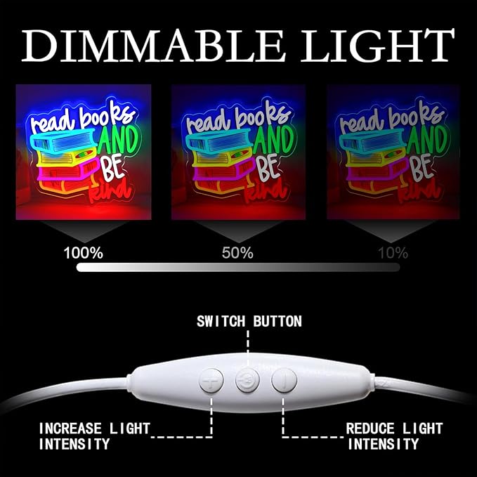 LED Read Books Be Kind Neon Signs Classroom Neon Lights Wall Decor for Reading Room, Classroom, Bookstore, Library, Museum, Study Room Gifts Art for Book Lover, Kids,Friends,family-13.4 x 12.6 IN-USB Powered-Acrylic