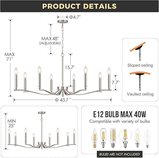 Nickel Chandeliers for Dining Room, 8-Light Chandelier Light Fixture Over Table Modern Candle Chandelier 44in Master Bedroom Chandeliers Lighting for Entry Foyer Bathtub Living Room