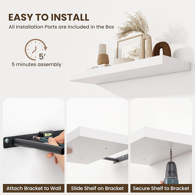 Fun Memories 24 Inch Floating Shelves Wall Mounted, 10 Inch Deep Wall Shelves, 24 x 10 Floating Shelf for Living Room Bathroom Bedroom, White, Set of 2