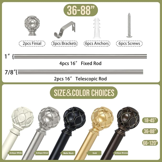 Silver Adjustable Curtain Rods for Windows:36-88 Inch Farmhouse Heavy Duty Curtain Rod for Bedroom Living Room,Boho Decorative Rustic Drapery Rods with Vintage Coastal Finial,Antique Silver