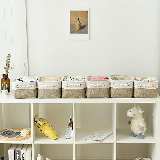 TheWarmHome Storage Basket for Shelves - 12x8x5.2 inch Small 6 Pack Collapsible Storage Bin for Closet with Handles, Fabric Storage Cubes for Cloth Organizer Gift Toy Decorative (White & Khaki)