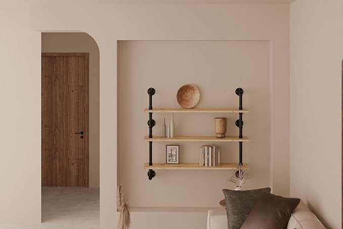 Industrial Pipe Wall Shelves Pipe Shelving with Real Wood Plank,48 Inches Floating Shelves for Wall Farmhouse Pipe Book Shelves Dark Brown 3 Tier for Kitchen,Living Room Decor and Bar Shelving