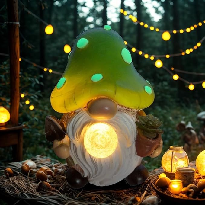 Solar Mushroom Gnomes Garden Statues Outdoor Decor with Night Glow,Cute Fairy Garden Statues for Yard,Pathway,Lawn Art Ornamen,Spring,Easter,Birthday Christmas Women Mom Gift Idea