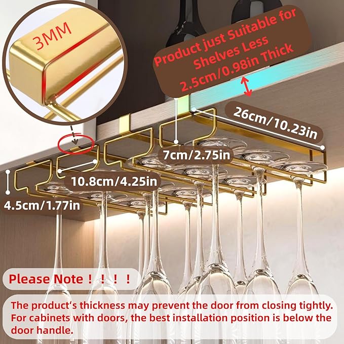 LINFIDITE Gold Under Cabinet Wine Glass Holder, 2 Pack, Space Saving, Easy Installation, Anti-Skid, Compact Design, Sturdy Materials, Affordable Gift
