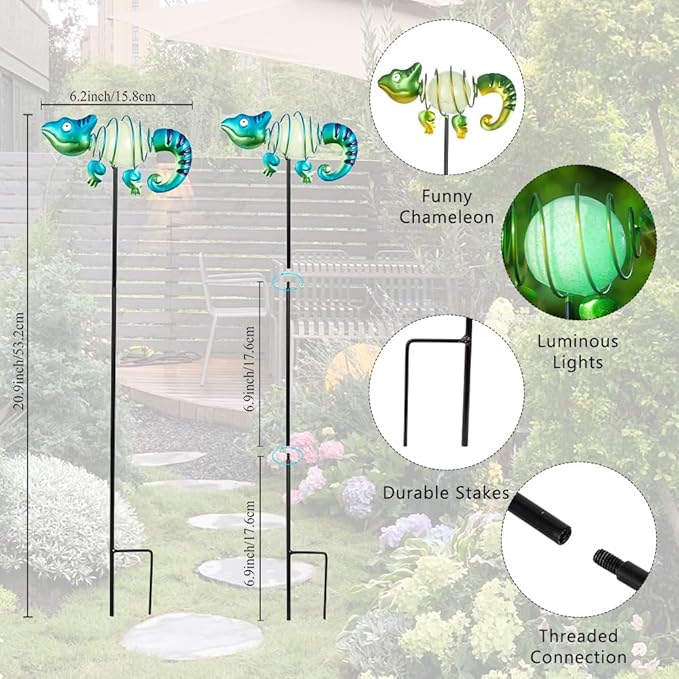 3 Pack Garden Stakes Decorative,Cute Chameleons Glow in The Dark Metal Garden Decor,Waterproof Metal Yard Art Decor for Outside,Funny Present for Mom Women Grandma