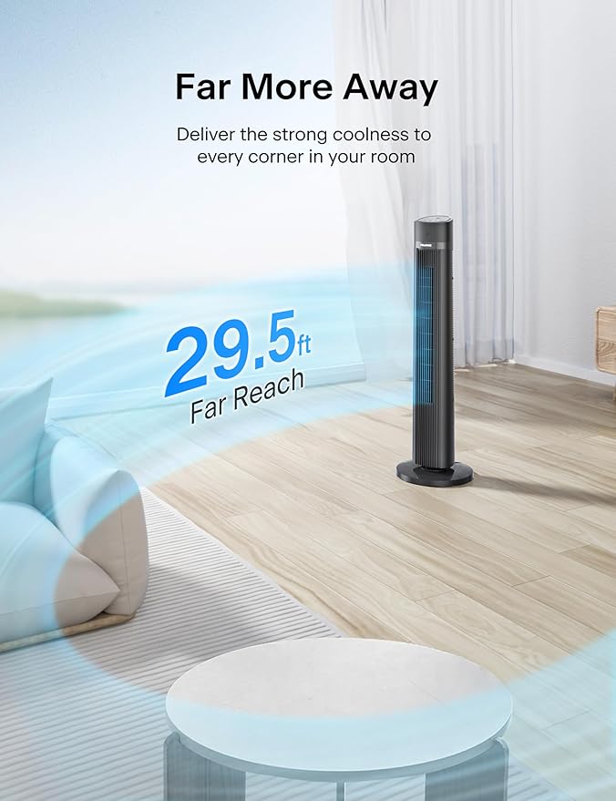 PELONIS 40 inch Bladeless Tower Fan for Bedroom, Standing Fan with Remote Control, 26ft/s, 90° Oscillation, 3 Speed Settings, 27 Db, 3 Modes, 15-Hour Timer, LED Display, Fan that Blows Cold Air, Grey