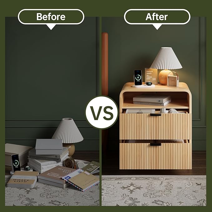 FURSUN 24" Fluted Nightstand with Charging Station, Wooden End Table with 2 Drawers Storage, Curved Profile Design, Modern Bedside Cabinet for Bedroom Living Room, Natural Oak