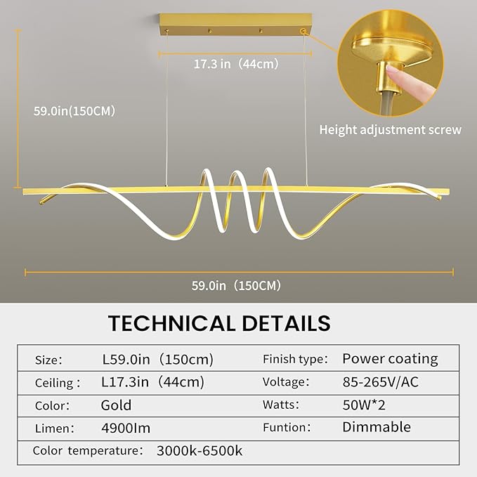 Modern Design Dimmable Desk Linear Pendant Light, with Remote Control Dimmable 3 Color Mode & Brightness Ceiling Lamp, Anti-Flicker Dining Light Fixture for Kitchen, Dining Room (Gold, 57IN)