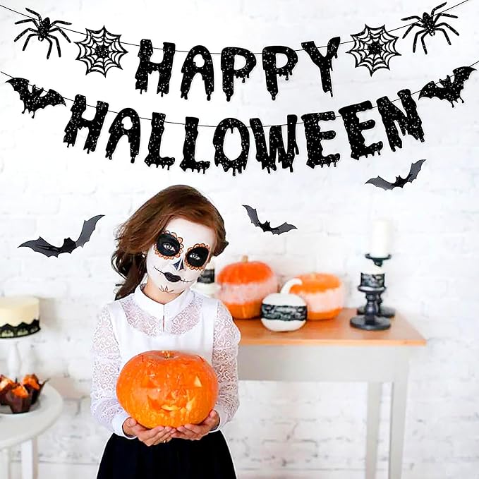 Orange Black Happy-Halloween Party Decorations - 13PCS Spider Web Bats Streamers Banner ,Paper Flowers Lanterns Tissue Pom Poms Fans, Classroom Birthday Bachelorette Hanging Supplies Decor Hugfond