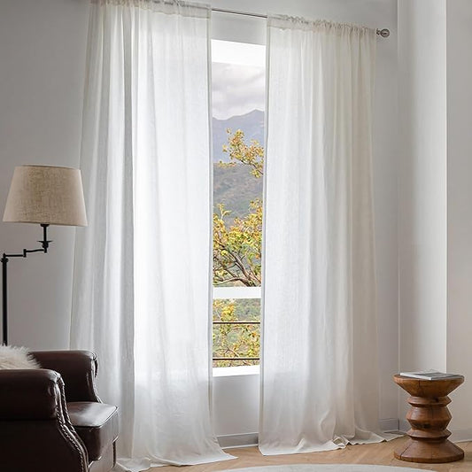 MYSKY HOME White Linen Curtains for Living Room, 100% Linen Natural Semi Sheer Curtains & Drapes 84 inches Length 2 Panels Farmhouse Country Light Filtering Bedroom Window Rod Pocket, 50" Wide, White