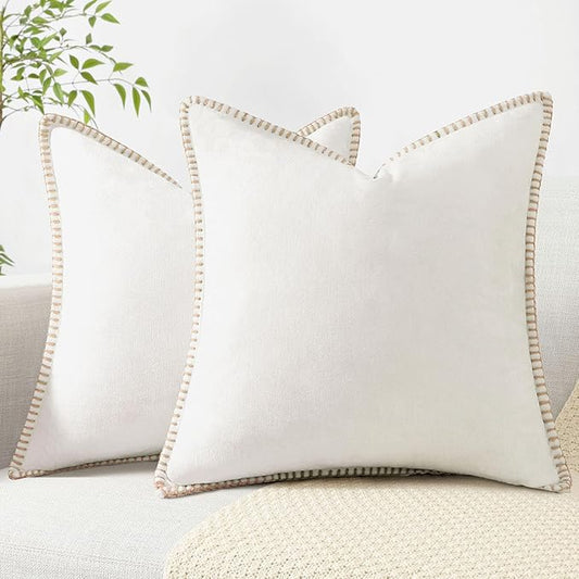 decorUhome Chenille Soft Throw Pillow Covers 20x20 Set of 2, Farmhouse Velvet Neutral Decorative Euro Pillow Covers with Stitched Edge for Couch Sofa Bed Home Decor, Cream White